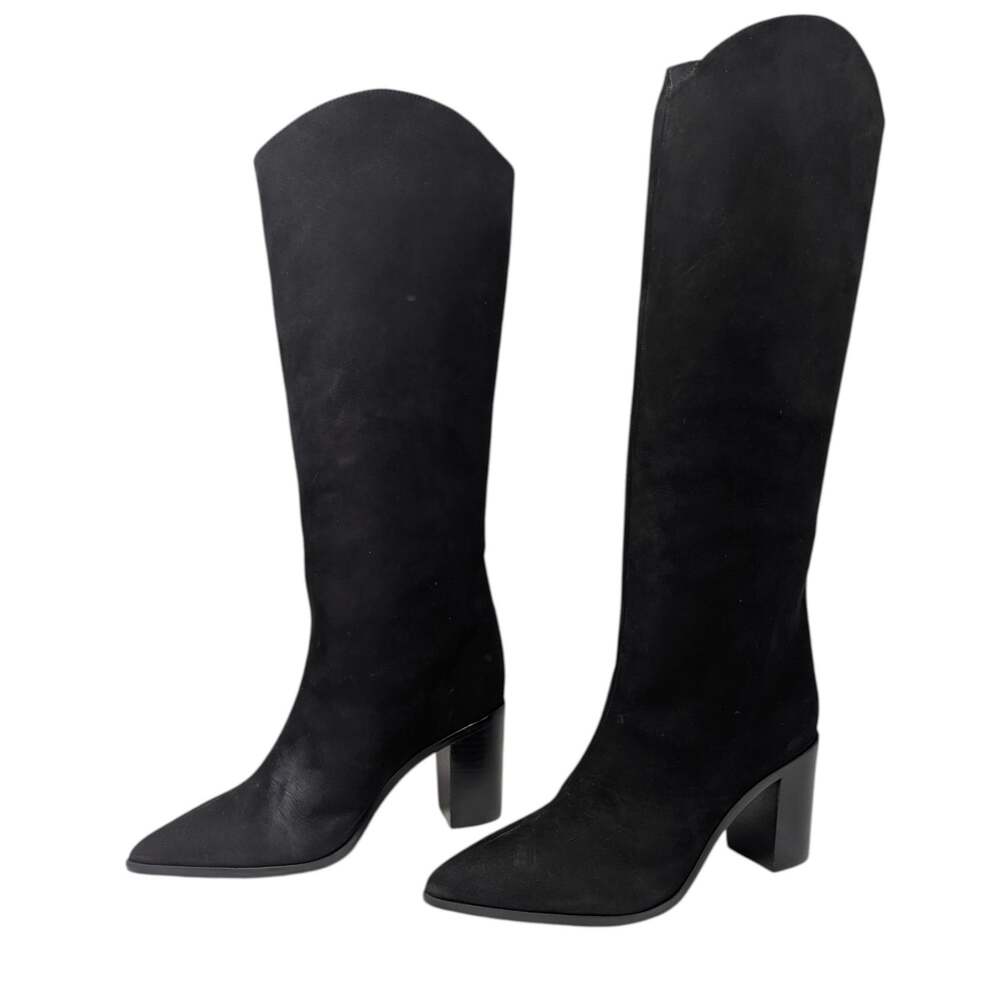 Schutz Maryana Block Knee High Boots Black Nubuck Pointed Toe 7.5